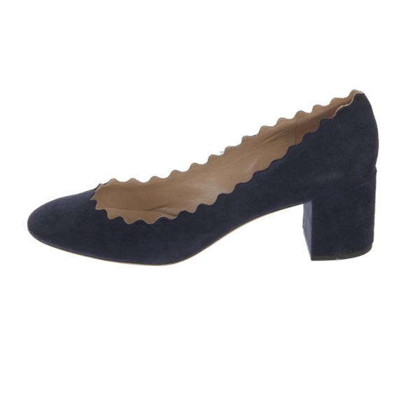 NWT Chloe Blue Suede Lauren Scallop Trim Block Heel Pumps Size 37 - Picture 6 of 12